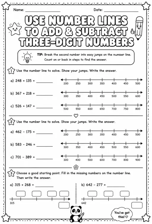 Use number lines to add and subtract three-digit numbers