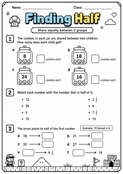 Finding Half - Grade 3 Math Worksheet