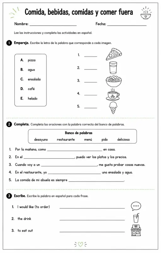 Producir palabras, frases o oraciones en español relacionadas con comidas.