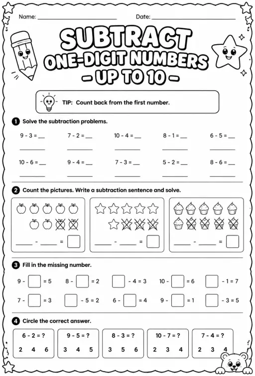 Subtract one-digit numbers - up to 10