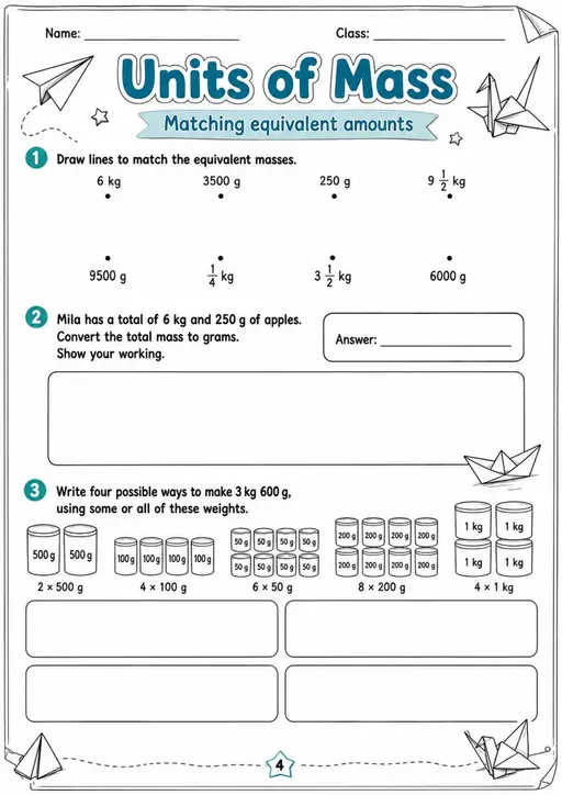 Units of Mass - Grade 3 Math Worksheet - grade 3 Labeling, matching, sorting, and classification