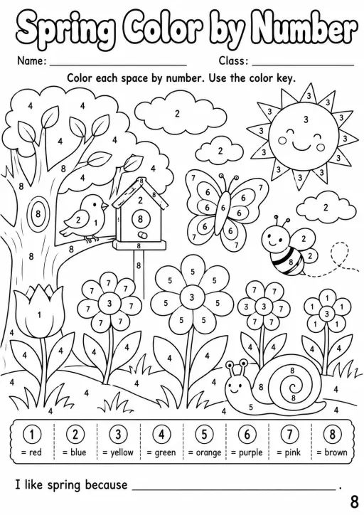 Spring Color by Number Worksheet Pack