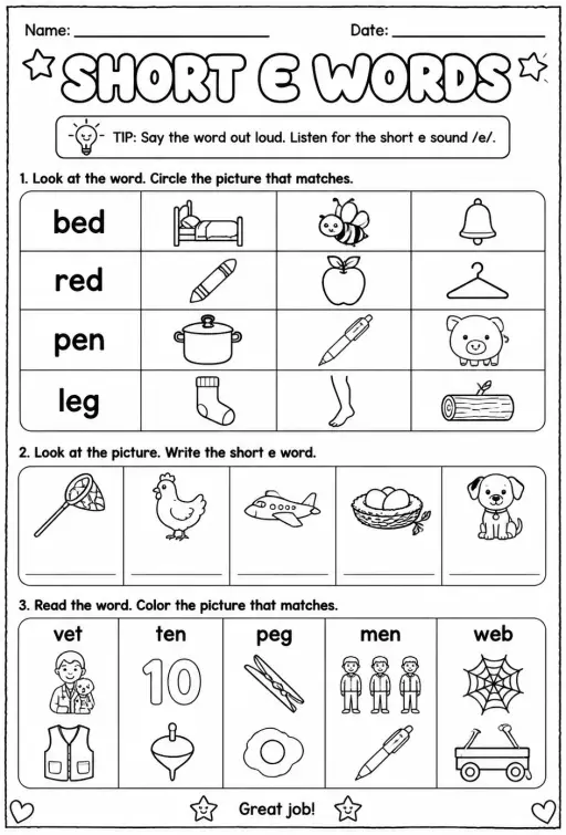Choose the picture that matches the short e word