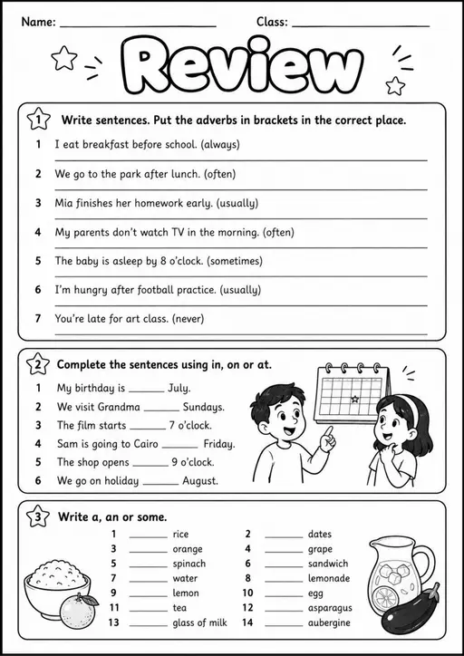 Adverbs and Time Expressions: Review | Grades 3-4 Grammar Worksheet
