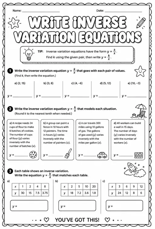 Write inverse variation equations