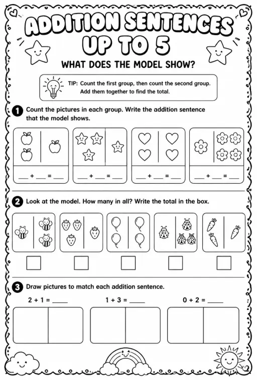 Addition sentences up to 5 - what does the model show?
