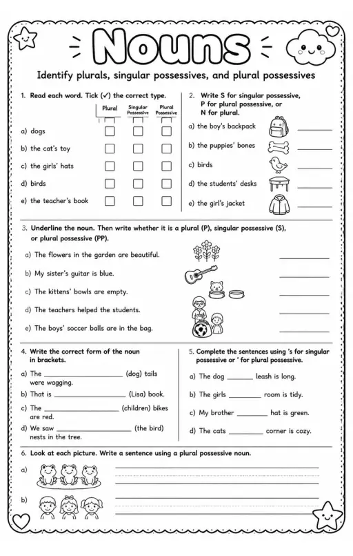 Identify plurals, singular possessives, and plural possessives