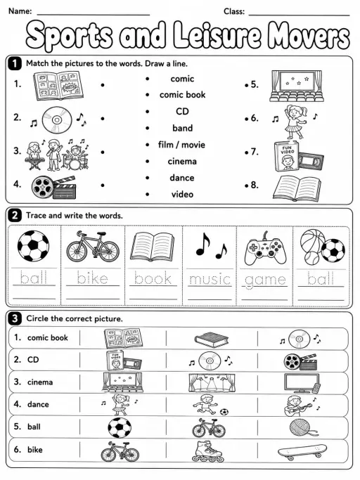 Sports and Leisure Movers Vocabulary Worksheet Pack
