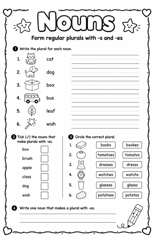Form regular plurals with -s and -es