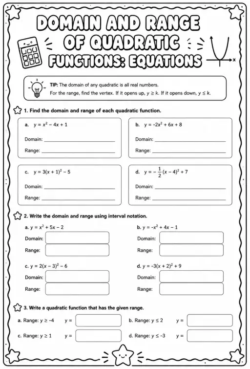 Domain and range of quadratic functions: equations