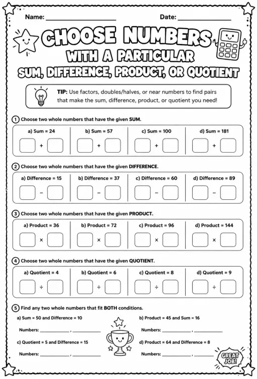 Choose numbers with a particular sum, difference, product, or quotient