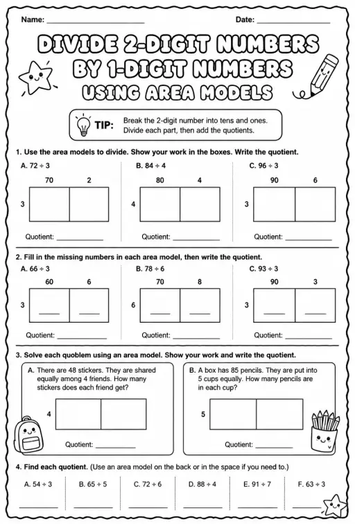 Divide 2-digit numbers by 1-digit numbers using area models