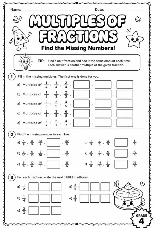 Multiples of fractions: find the missing numbers