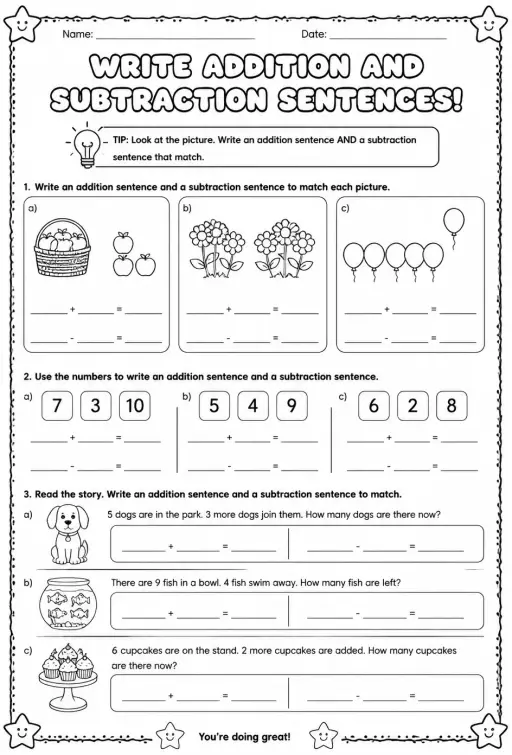 Write addition and subtraction sentences