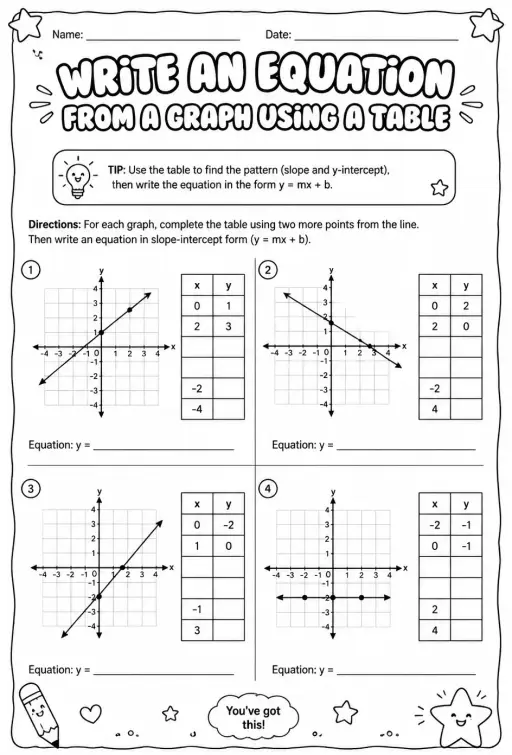 Write an equation from a graph using a table