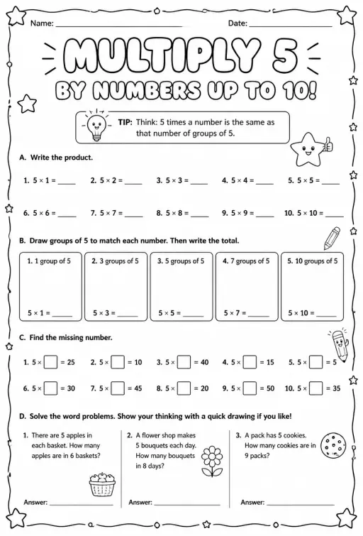 Multiply 5 by numbers up to 10