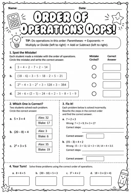 Identify mistakes involving the order of operations