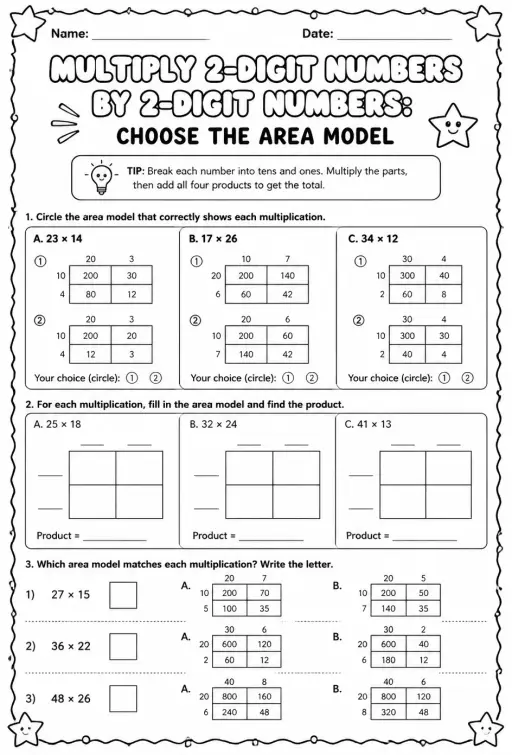 Multiply 2-digit numbers by 2-digit numbers: choose the area model