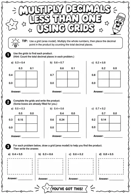 Multiply decimals less than one using grids