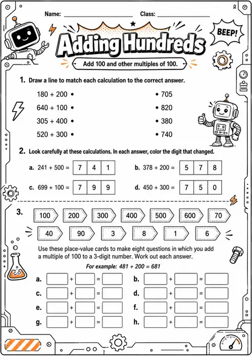 Adding Hundreds - Grade 3 Math Worksheet - grade 3 Labeling, matching, sorting, and classification