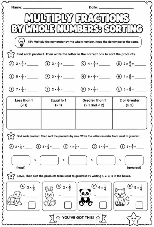 Multiply fractions by whole numbers: sorting