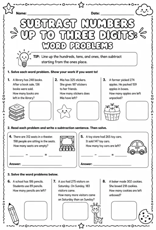 Subtract numbers up to three digits: word problems