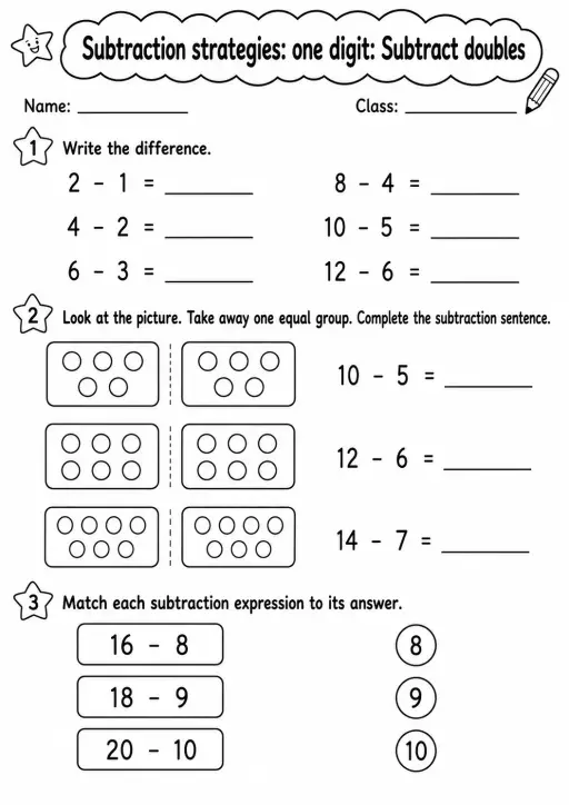 Grade 2 Subtraction Strategies: One Digit Math Worksheet Pack