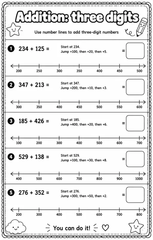Use number lines to add three-digit numbers