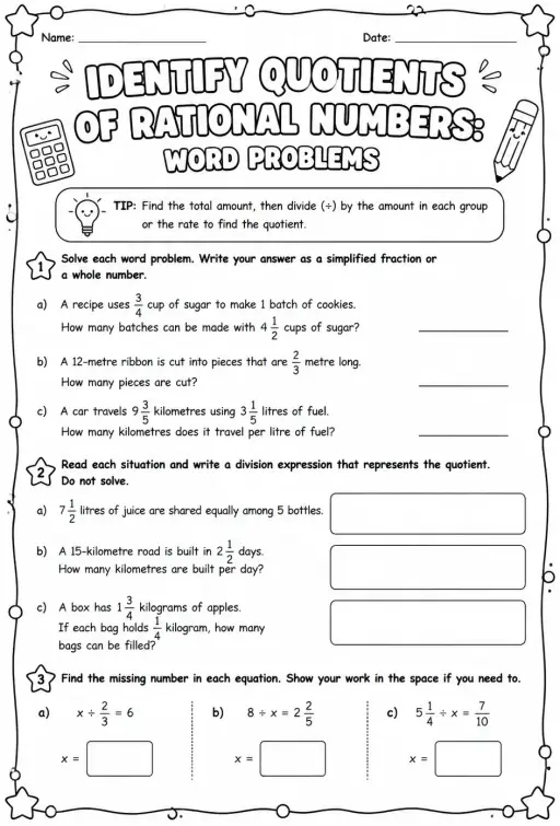 Identify quotients of rational numbers: word problems
