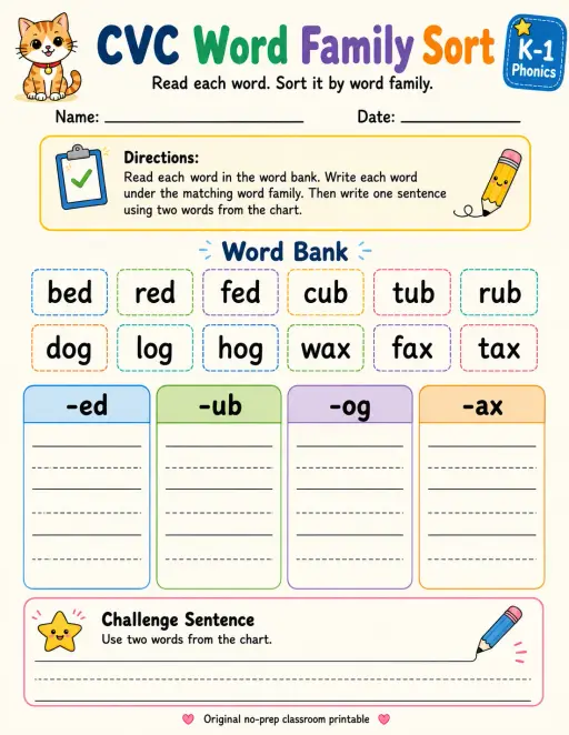 CVC Word Family Sort: -ed, -ub, -og, -ax