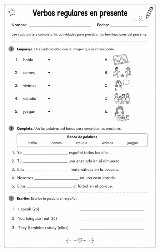 Reconocer palabras, frases o oraciones en español relacionadas con las terminaciones del presente.