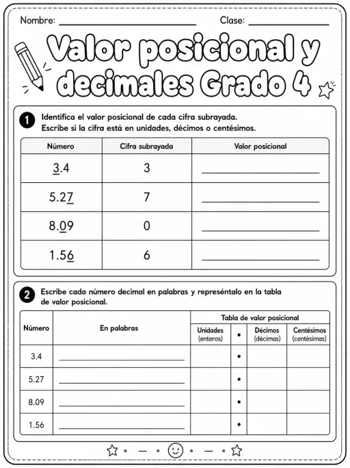 4.º grado - decimales - Paquete de fichas