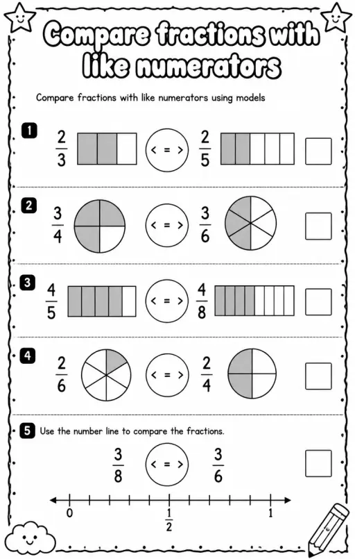 Compare fractions with like numerators using models