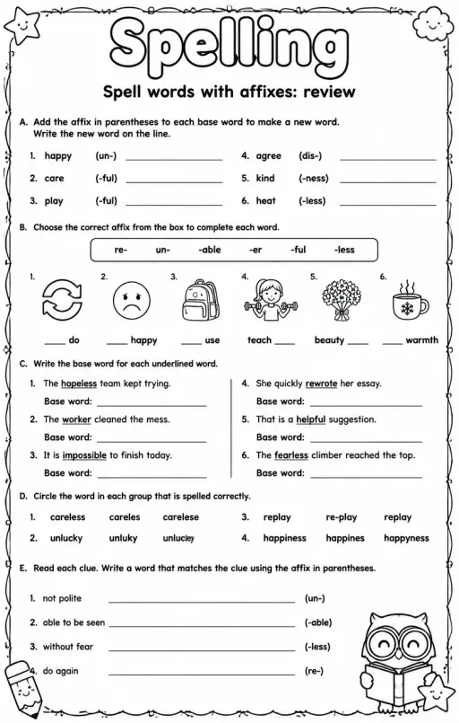 Spell words with affixes: review