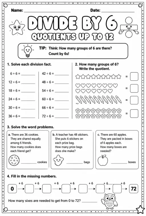 Divide by 6: quotients up to 12