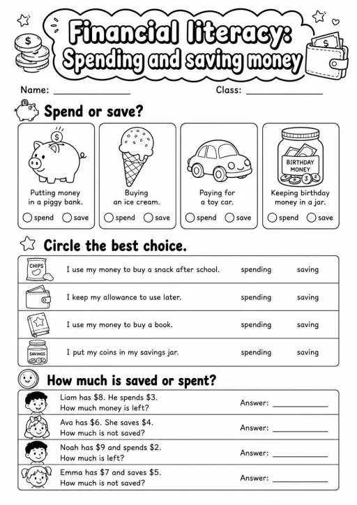 Grade 2 Financial Literacy Math Worksheet Pack