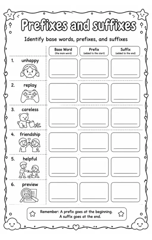 Identify base words, prefixes, and suffixes