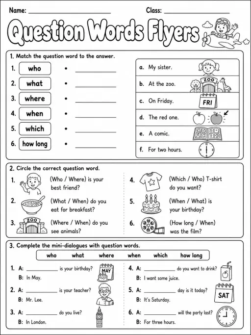 Question Words Flyers Vocabulary Worksheet Pack