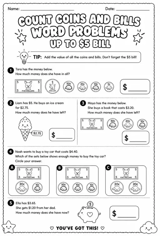 Count coins and bills word problems - up to $5 bill
