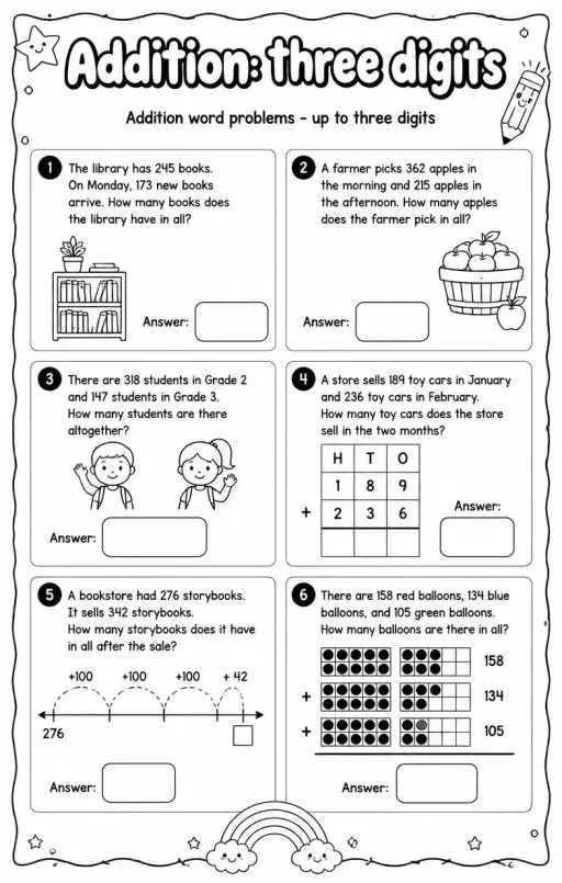 Addition word problems - up to three digits