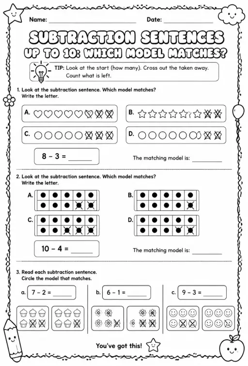 Subtraction sentences up to 10: which model matches?