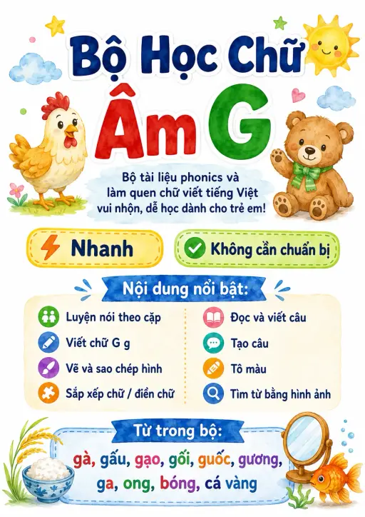 Vietnamese Letter G Phonics Worksheets Pack