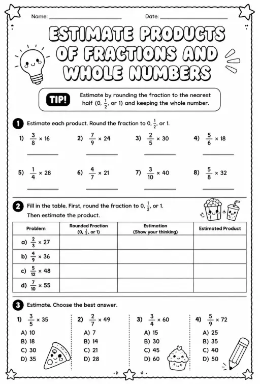 Estimate products of fractions and whole numbers