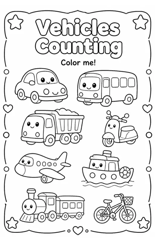 Vehicles Counting Coloring Page
