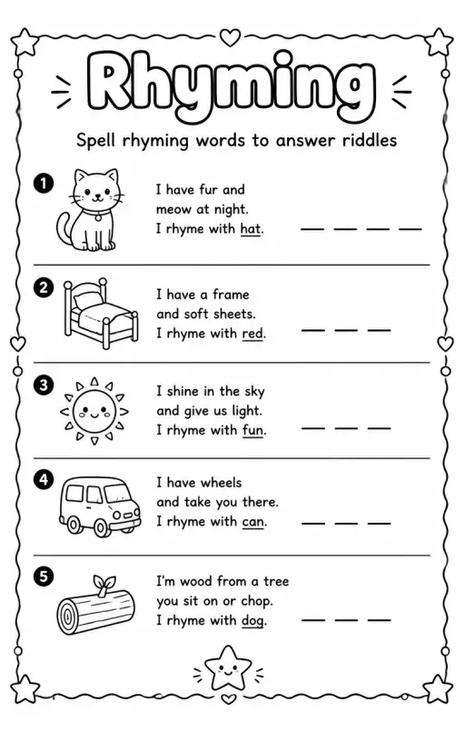Spell rhyming words to answer riddles