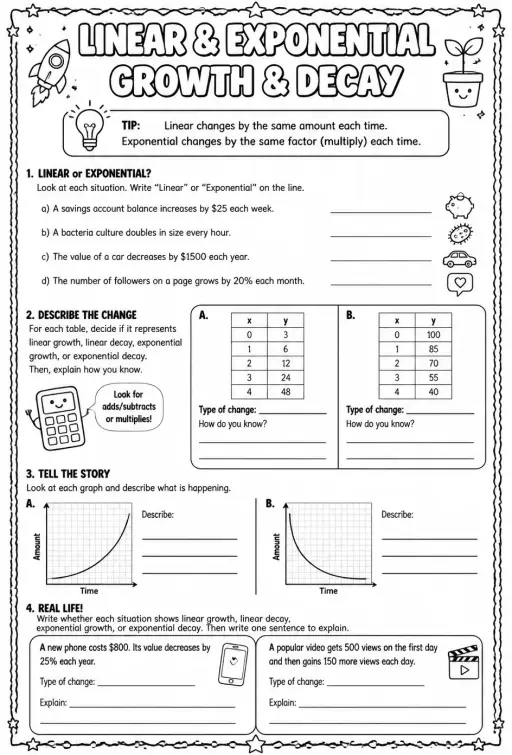 Describe linear and exponential growth and decay