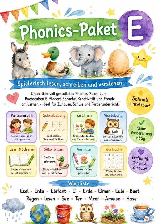 German Letter E Phonics Worksheets Pack