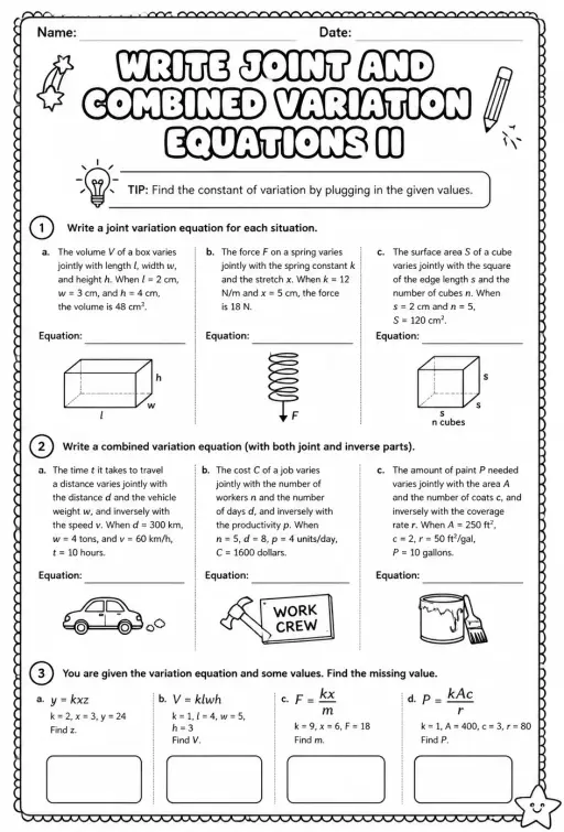 Write joint and combined variation equations II