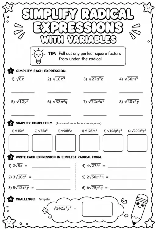 Simplify radical expressions with variables
