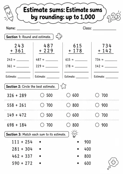 Grade 3 Estimate Sums Math Worksheet Pack
